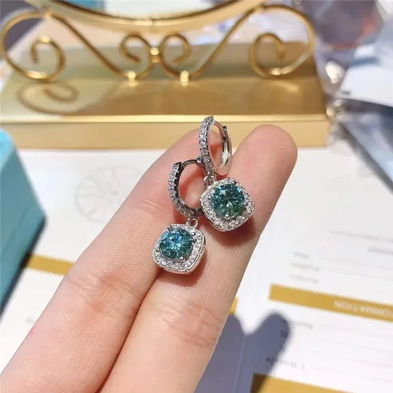 Anting-anting Juntai perak 1CT biru hijau Moissanite anting-anting berlian batu permata cakar 4 emas putih 14K untuk perhiasan bagus wanita