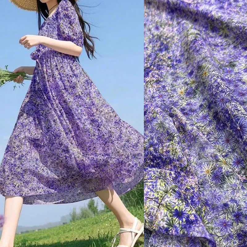 

Тонкая шелковая крепдешинская ткань с великолепным фиолетовым цветочным принтом для шитья своими руками, мягкая шелковая ткань для классических брюк, пижам R2521