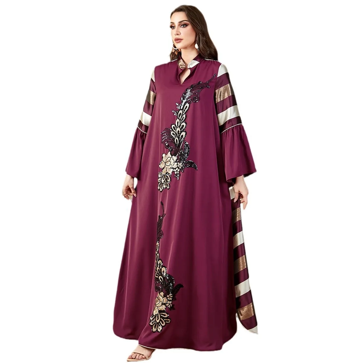 4162 New Splicing Long Dress Loose Women's Robe Muslim Stripe Contrast Splicing Dress