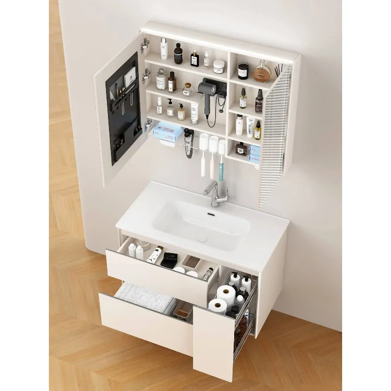 

Bean paste gray heightened storage basket two-layer storage drawer smart mirror cabinet bathroom cabinet combination S7