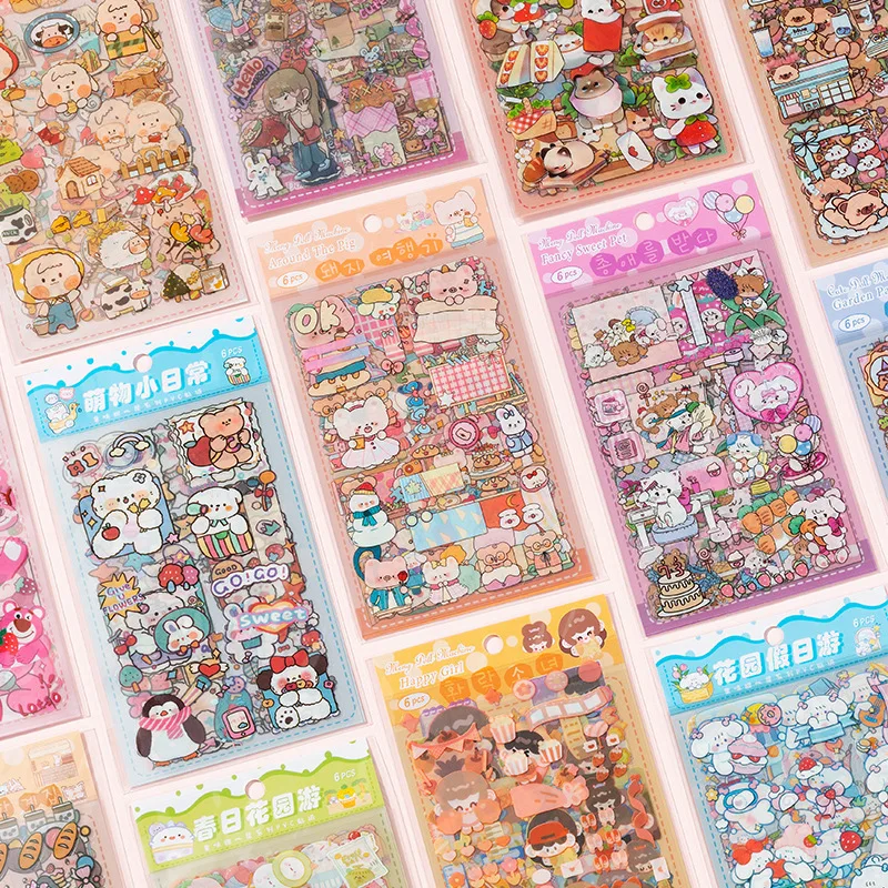 6pcs/ packet Cute cartoon Transparent waterproof stickers be available for Water bottles, cell phones, scrapbooks and suitcases