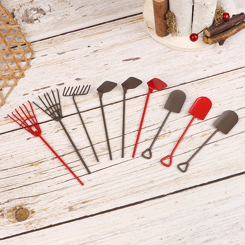 1/12 Dollhouse Simulation Garden Tools Kit Dollhouse Shovel Rake Hoe Cart Farm Tool Ornaments Dolls House Accessories