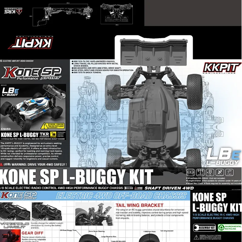 KKPIT 1:8 Elektryczny Buggy Terenowy KONE SP LBE L-BUGGY z Rozstawem Osi 330 mm, Elektryczny Model Zdalnie Sterowany, 4WD, Wysokowydajny Podwozie Buggy
