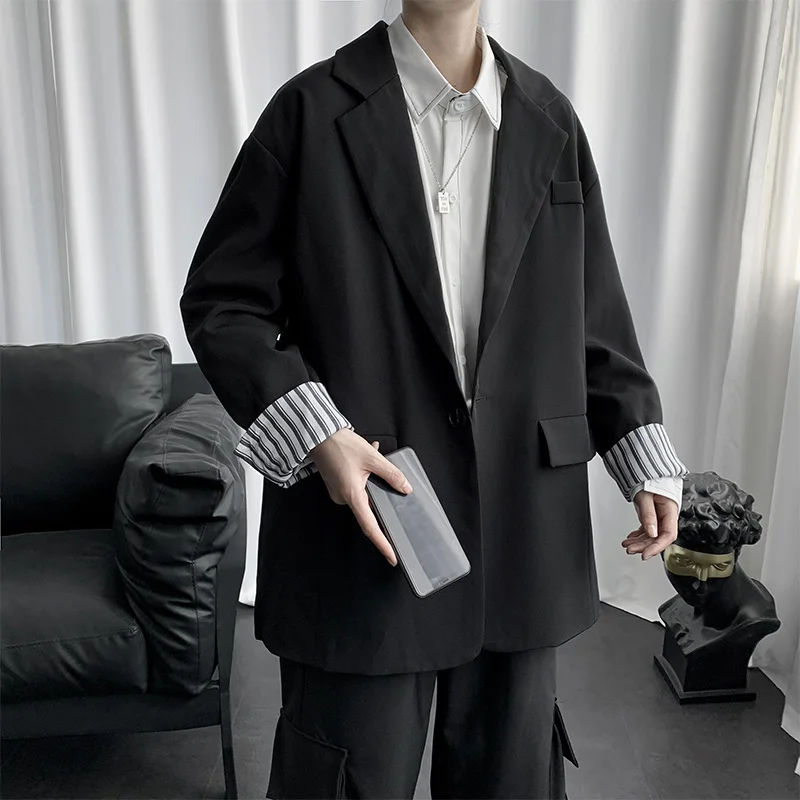 Suit Jacket Men Clothing  Bew Korean Fashion Casual Black Blazer Single Buckle Long Sleeves Tops Loose Blaser Masculino