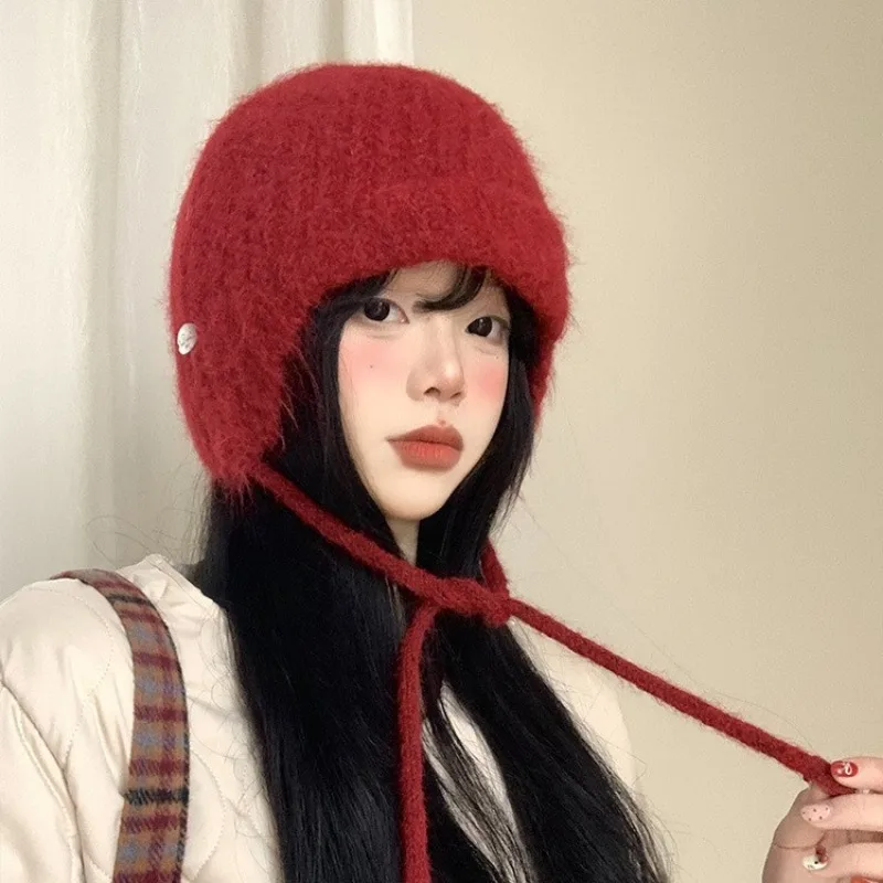 

Japanese Big Head Simple Pullover Knitted Hat Autumn and Winter Fashionable Versatile Outdoor Ear Protection Warm Bomber Hats