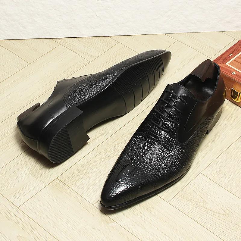 Summer Pointed Toe Breathable Top Layer Cowhide Men's Business Casual Leather Shoes Crocodile Embossed Trendy Formal Dress Shoes