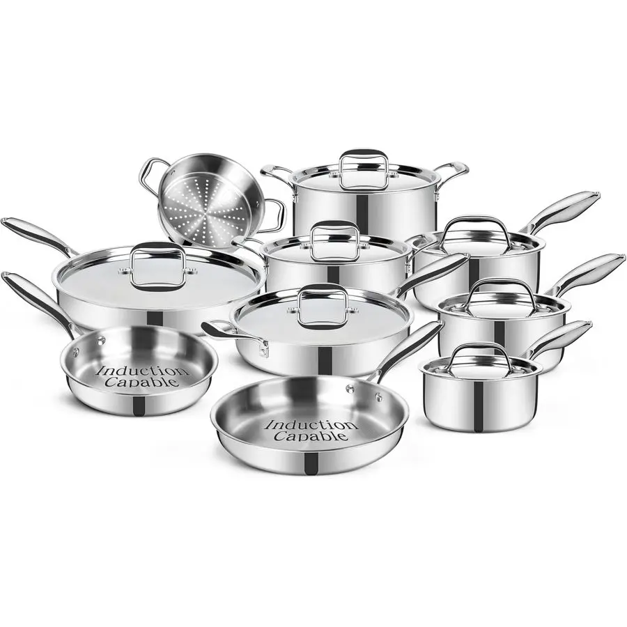 

Stainless Steel Cookware Set, 3 Ply 17 Piece Stainless Steel Pot and Pan Set, Oven Dishwasher Safe Induction Compatible Frying P