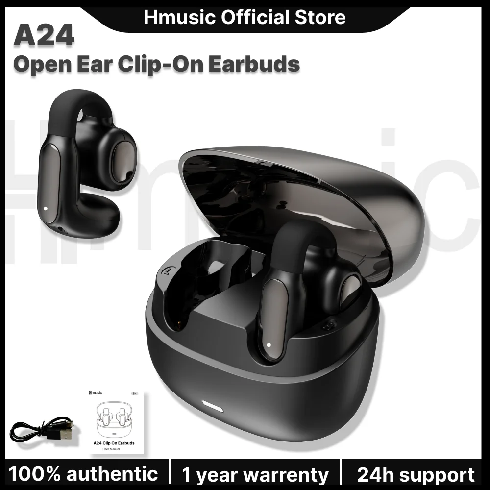 Наушники-клипсы Hmusic A24 с открытым ухом, Bluetooth 6.0, AI ENC, чистые звонки, IPX5 водонепроницаемость, 40 часов работы, ультралегкие, комфортные для офиса и улицы