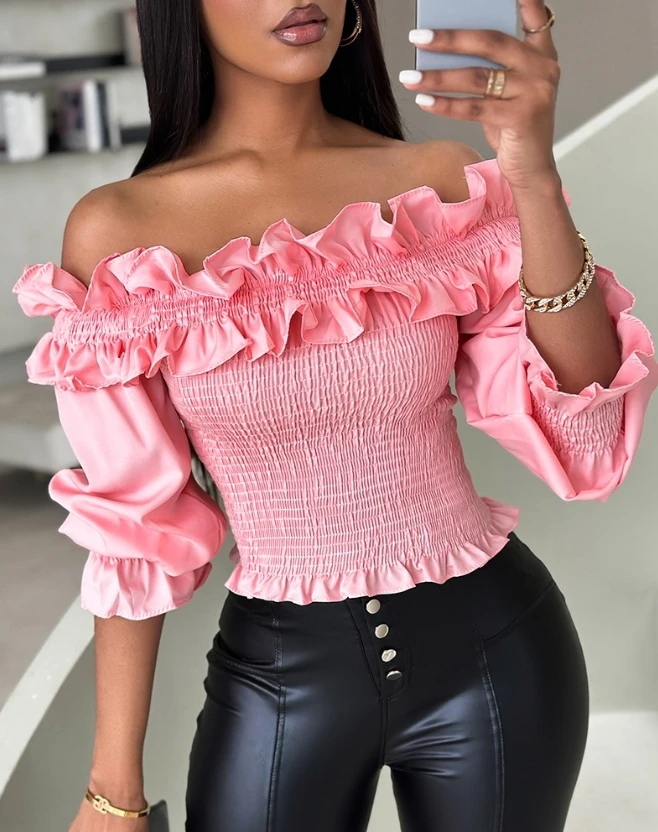 

Hot Selling 2024 Spring Autumn for Women Blouse Long Sleeve Frill Hem Shirred Off Shoulder Skinny Temperament Commuting Top