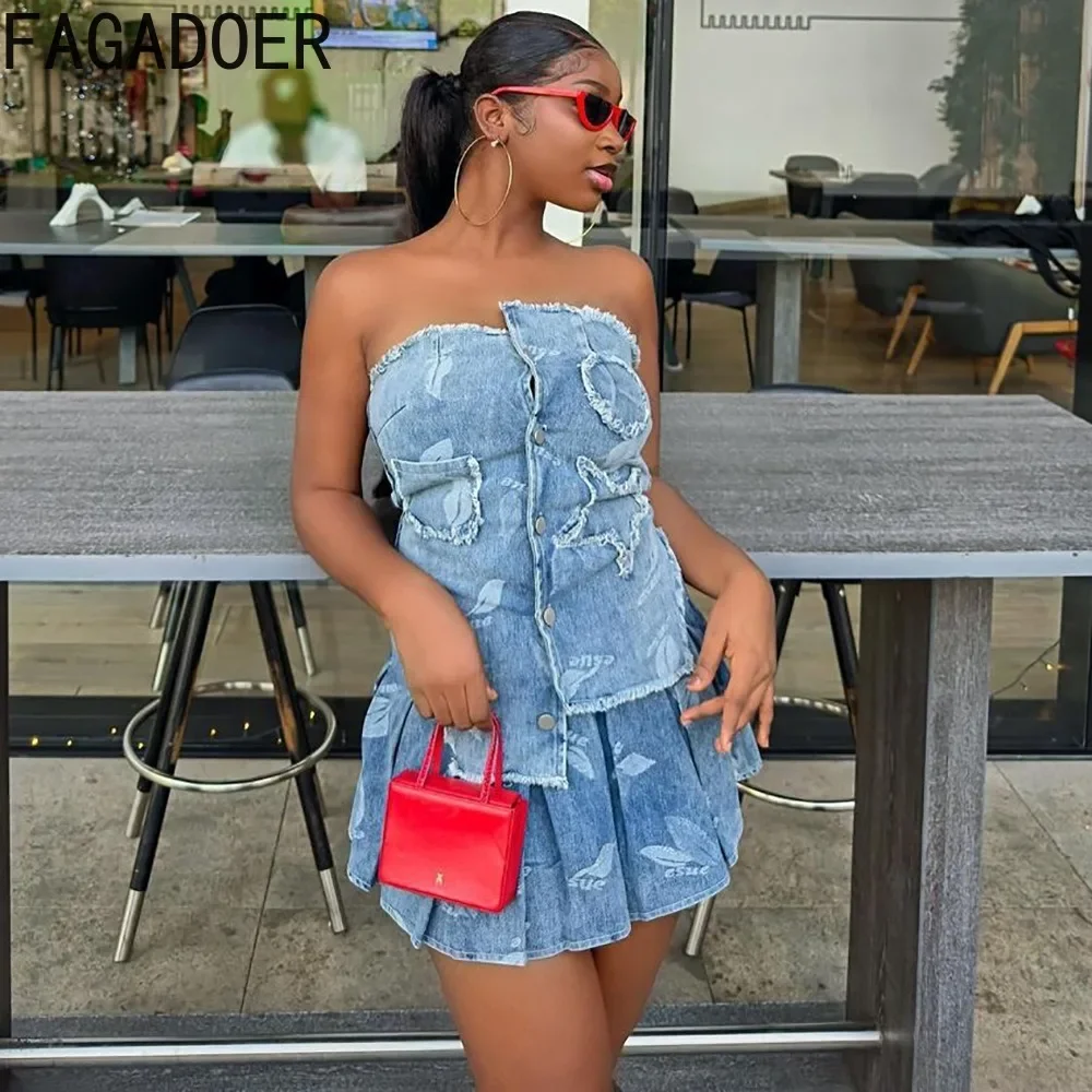 FAGADOER Fashion Patchwork Irregular Denim Two Piece Sets for Women Sleeveless Backless Slim Tube And Pleated Mini Skirts Outfit