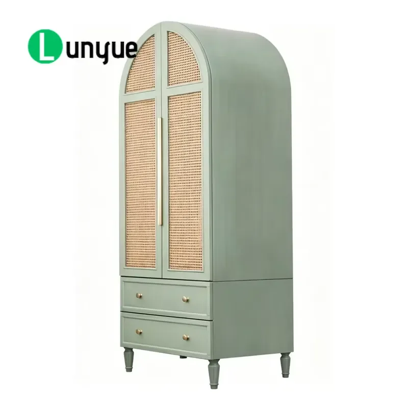 French Cream Style Sage Green Solid Wood Freestanding Wardrobe Armoire with Sliding Doors 2 Drawers Rattan Handles Durable