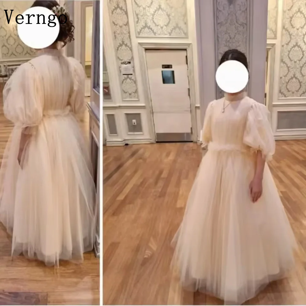 

Verngo Simple Champagne Tulle Girl Flowers Dress O Neck Birthday Party Dresses Wedding Dress Kids Ball Gown Vestidos de Noiva