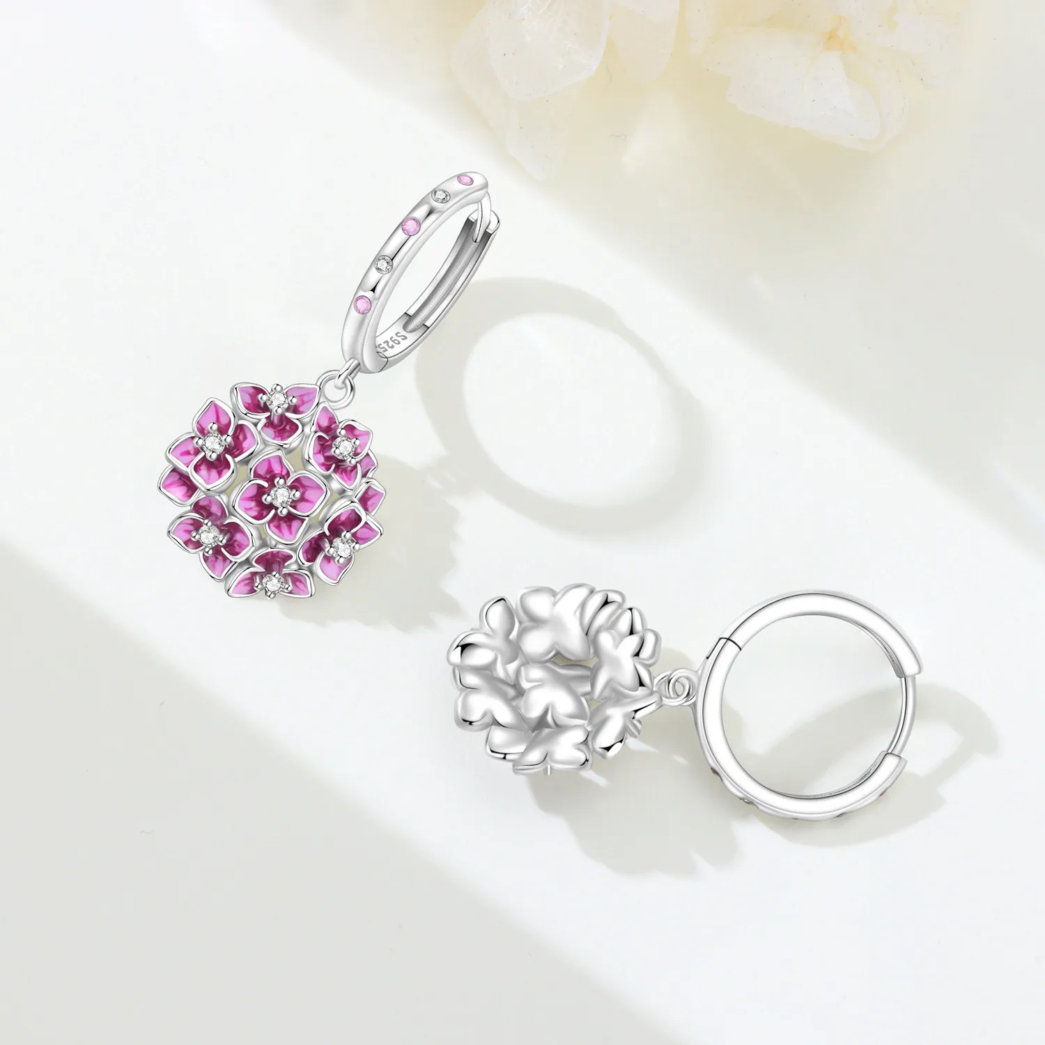 Original 925 Sterling Silver Flower Gradient Purple Hydrangea Floral Dangle Earring Fine Jewelry Gift for Women Girl Daily Party