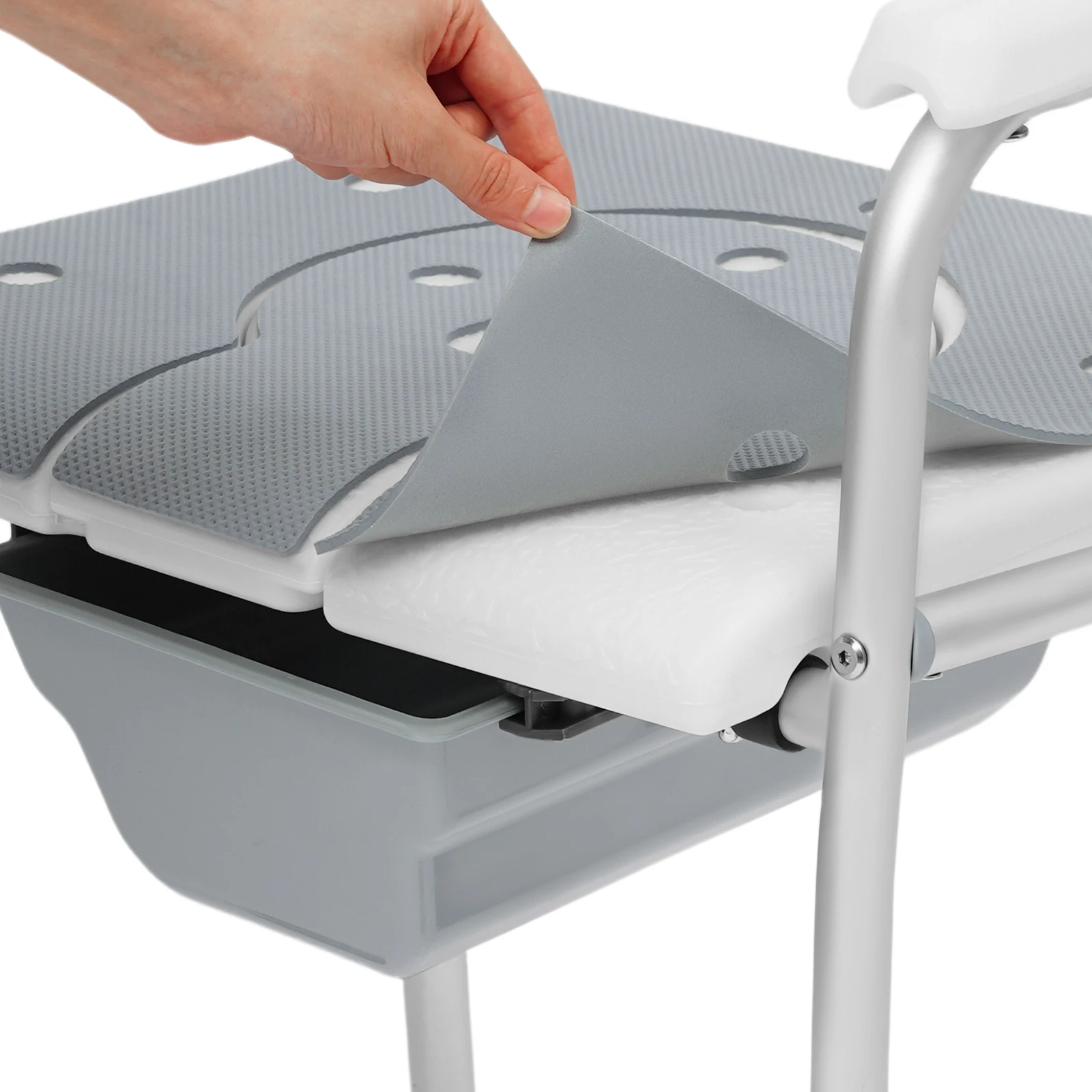 Duschstuhl für Senioren, höhenverstellbarer, bodenstehender Nachttisch-Toilettenstuhl mit Armlehnen und Rückenlehne – Detail 3