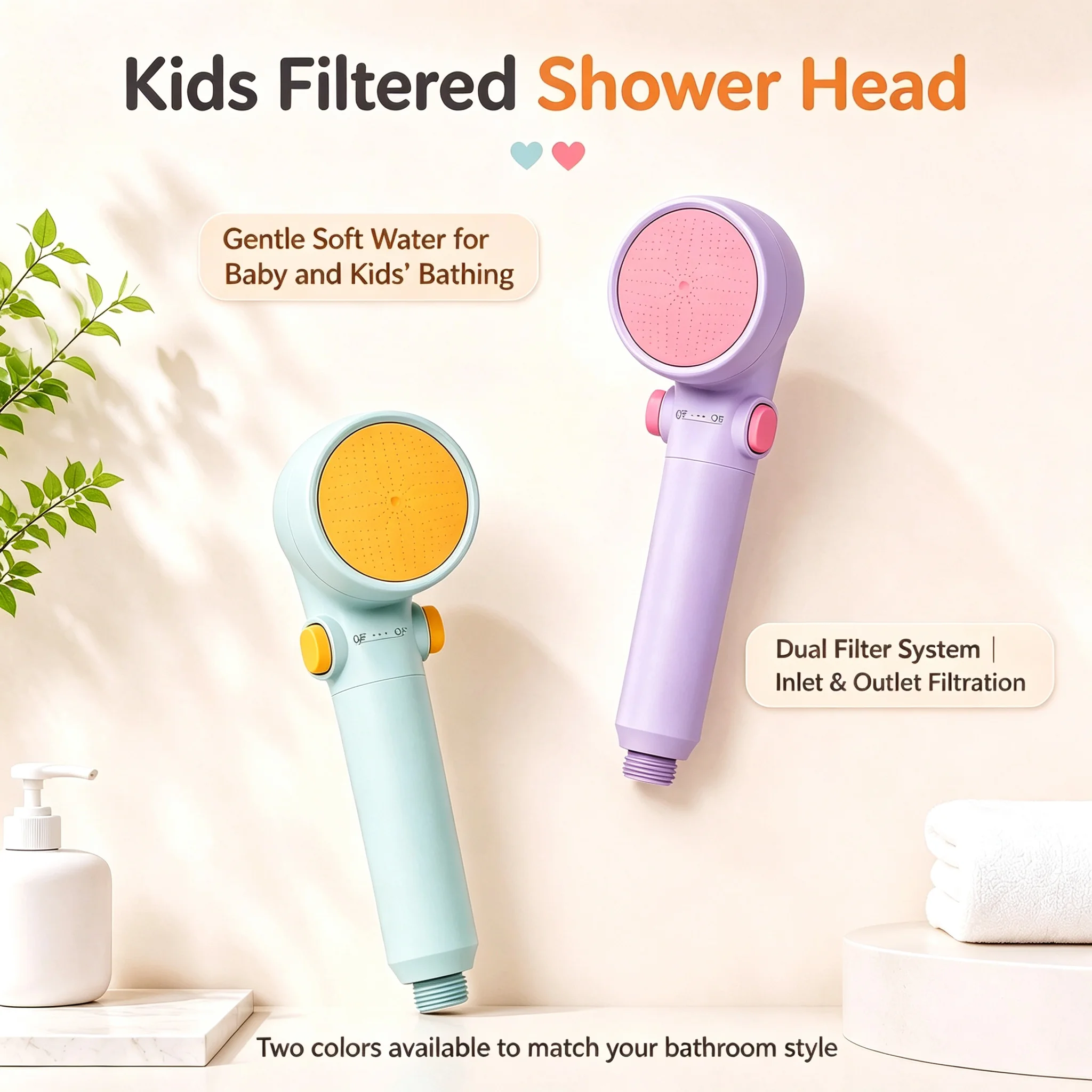 Kids Filtered Shower Head,Dual Filter Soft Water Showerhead,Gentle Spray for Baby Bathing,Portable Handheld for Home&Travel