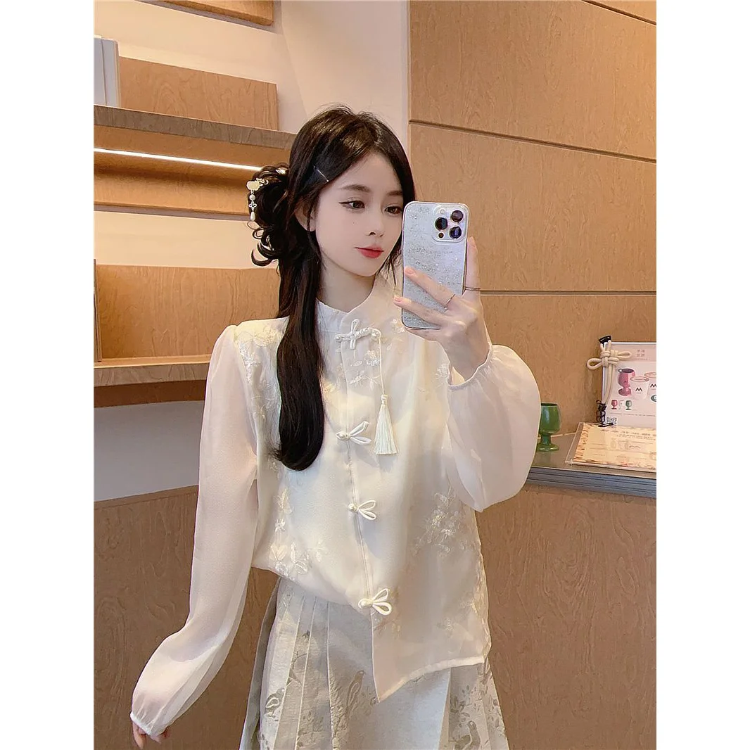 New Chinese Style Embroidered Long Sleeve Shirt Women's Modified Qipao Shirt Button Design Spring New Retro National Style