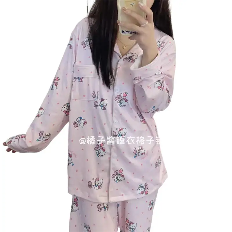 Set Piyama Sanrio Girl Microvilli Hello Kitty Kawaii Kartun Pelajar Kasual Musim Gugur Musim Dingin Leher Bulat Set Pakaian Santai Gaya Baru