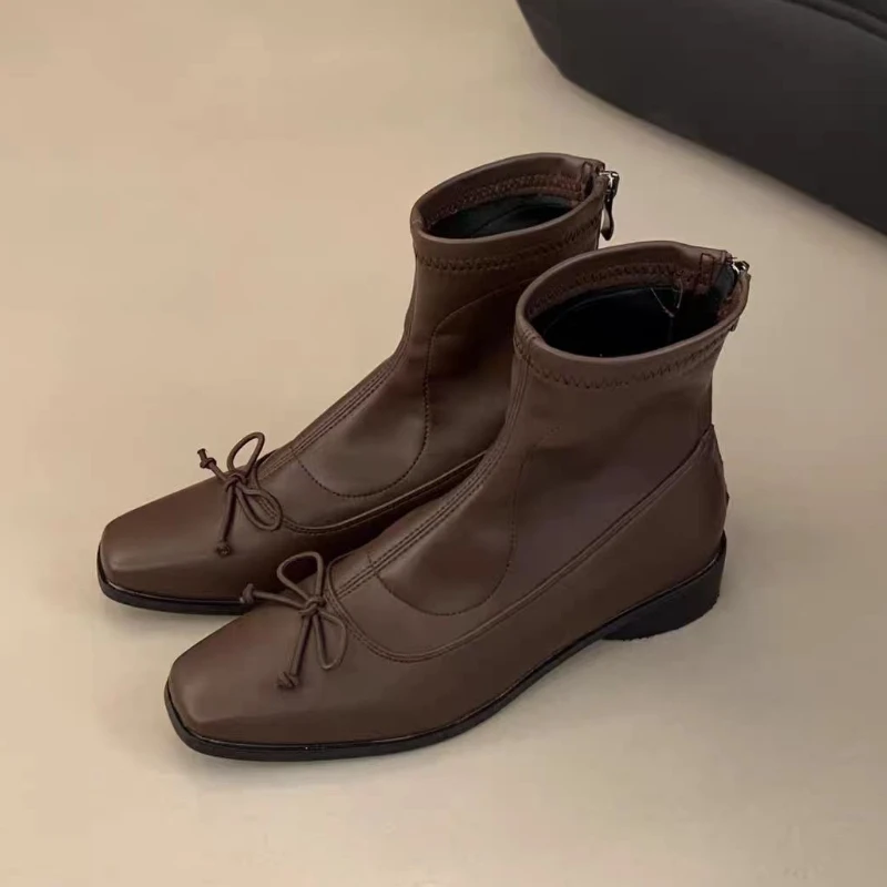 

Elegant Women Ankle Boots Bow Square Toe Heeled Shoes Designer 2025 New Winter Fashion Boots Dress Party Woman Sexy Chunky Pumps