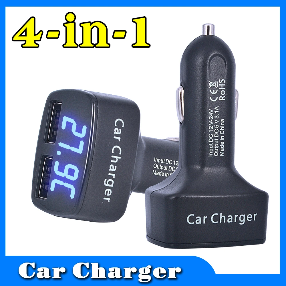Multifunction 12-24V Car Charger Dual USB LED Digital Display Voltage/temperature/Current Meter Tester Adapter 3.1A mobile phone