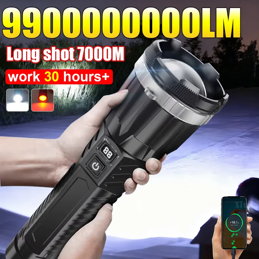 990000000LM Most Powerful LED Flashlights Long Range 7000M Torch Light  Ultra Bright Zoomable Portable Lamp With Bracket Light