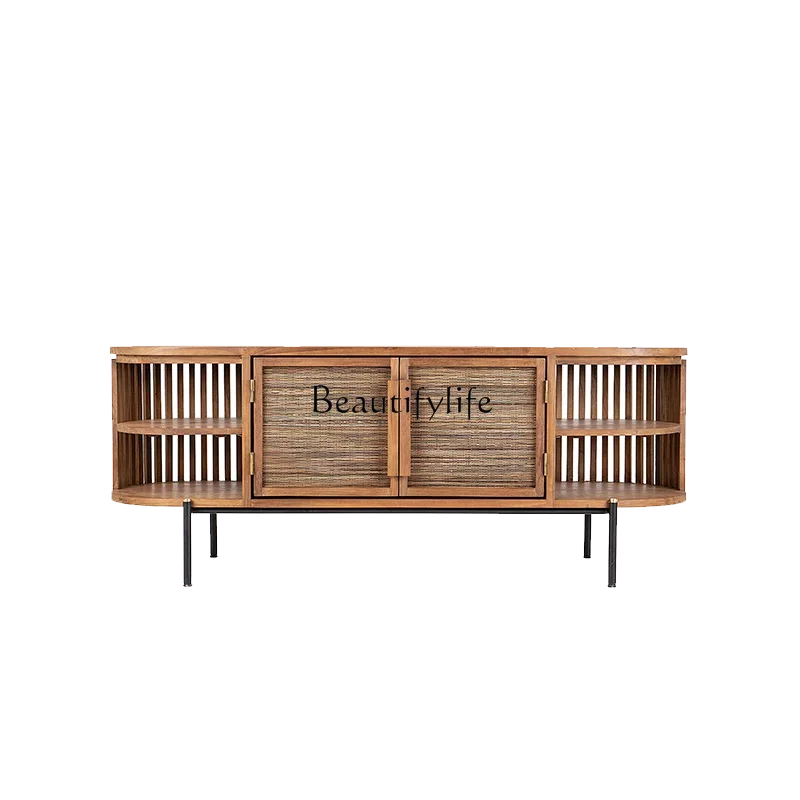 

LDSolid Wood Old Teak TV Stand Small Apartment Living Room Hand-Woven Palm Leaf