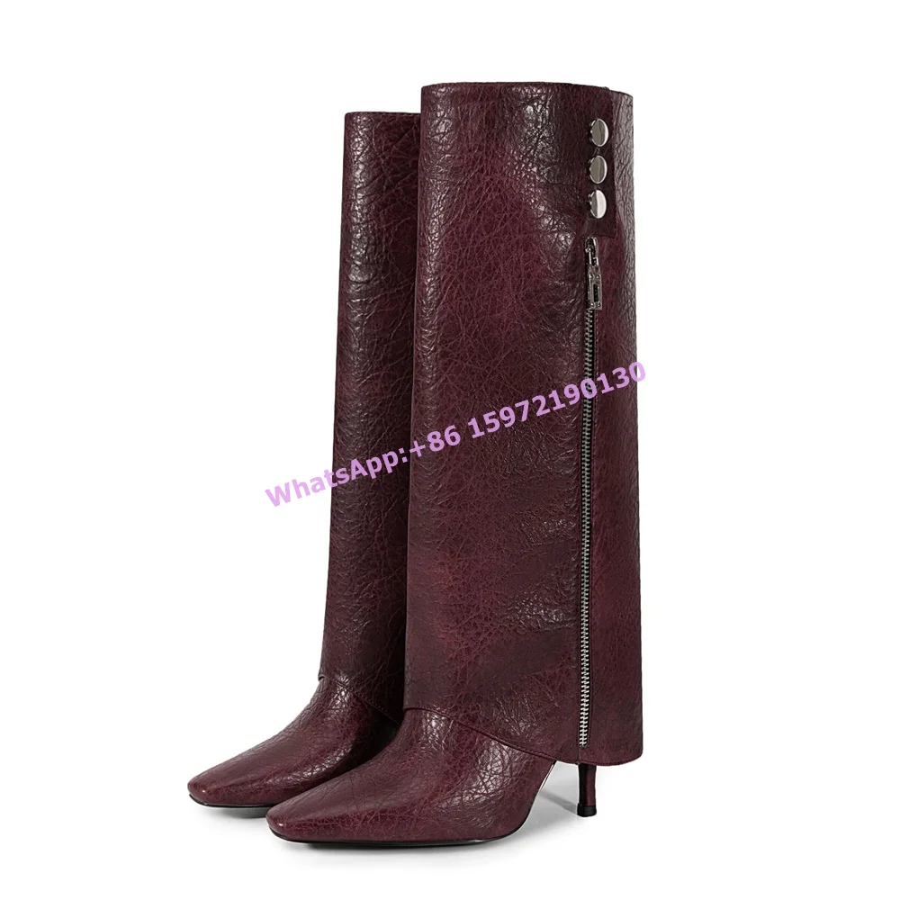 Square Toe Turn Over Edges Boots Thin Heels Slip On Zipper Buckle Dark Red Knee High Boots Fashion Sexy Leather Shoes 2025