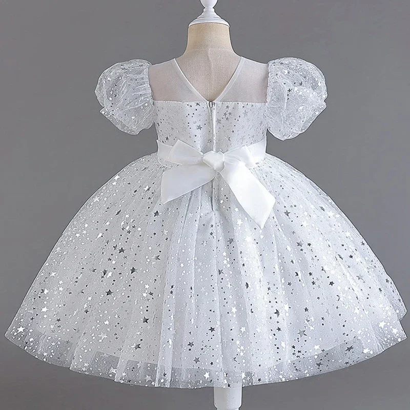 Fashion Solid Color Girls Sequin Dress Lace Mesh Short Sleeve Kids Girl Evening Gown Summer Girls Party Dresses 4-10 Years