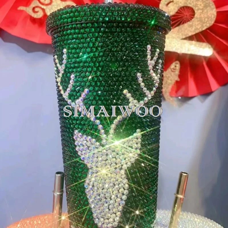 Bling Straw Cup Handmade Sparkling Deer Horn Print Stainless Steel 500ML Thermos Vaccum Christmas Red Green Mosaic Cross Stitch
