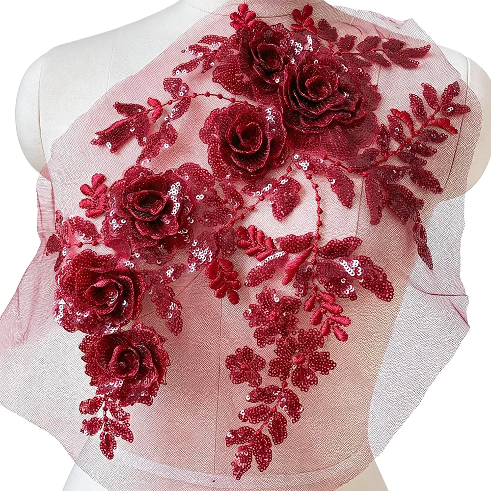 1PC Pink 3D Rose Sequin Flower Applique Beaded Embroidery Patch Mesh for DIY Sewing Wedding Gown Prom Dress Handicraft Supplies