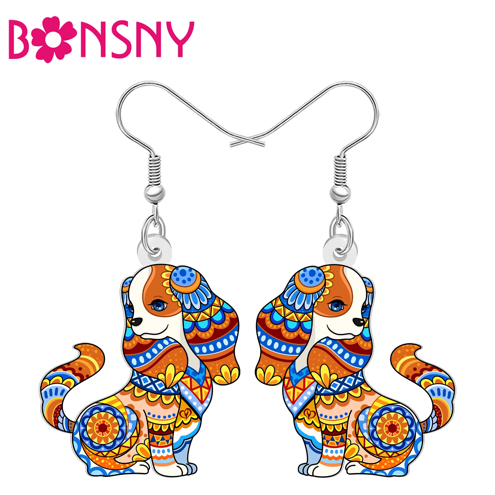 BONSNY Acrylic Boho Cavalier King Charles Spaniel Dog Earrings Floral Puppy Dangle Animal Jewelry Fun Gifts For Dog Lovers Women