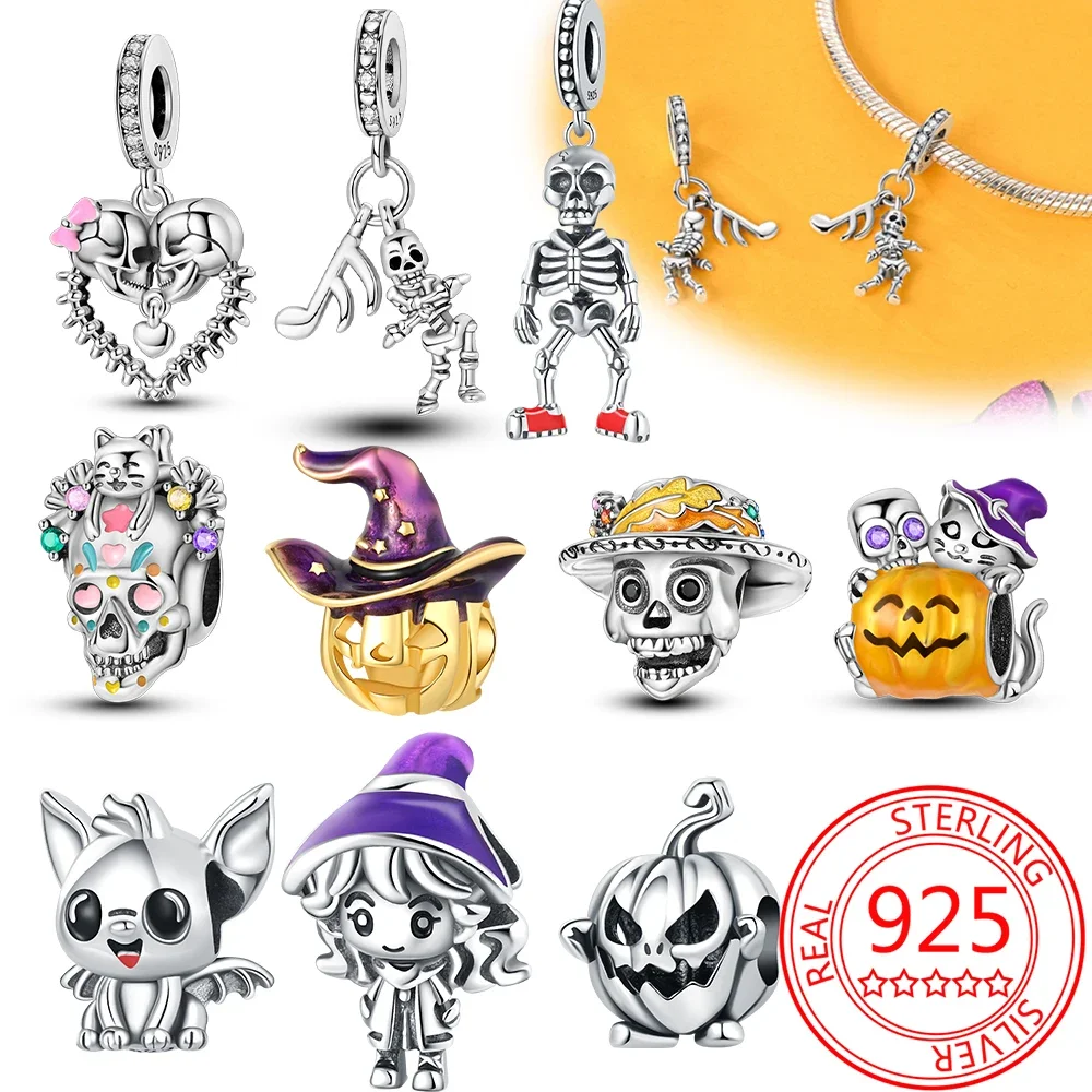 

Halloween New 925 Sterling Silver Skull Witch Pumpkin Charm Beads Fit Pandora Bracelet Original Charm for Women Jewelry Making