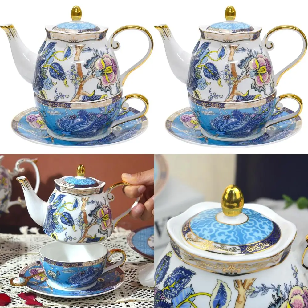 

Vintage Blue Floral Bone China Tea Set for One, Porcelain Teapot and Cup Gift for Women
