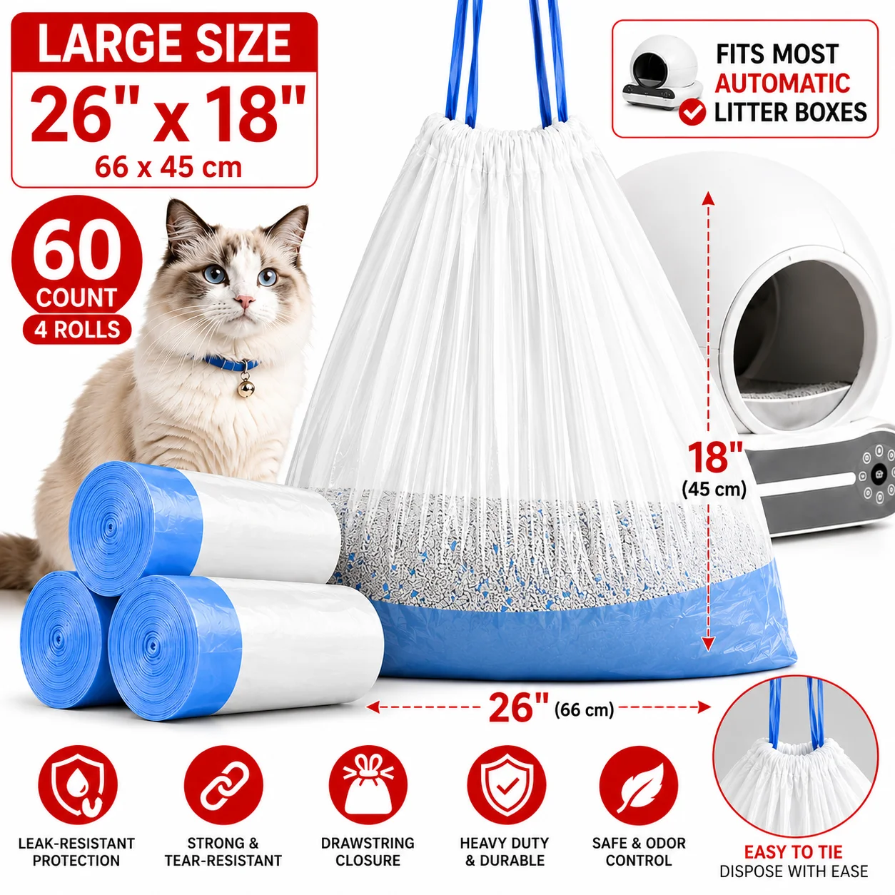 Premium Cat Litter Bags for Automatic Litter Boxes, 60 Pack Large Drawstring Liners, Thick Durable Leakproof Pet Waste Bags, Fits Most Self Cleaning Litter Boxes