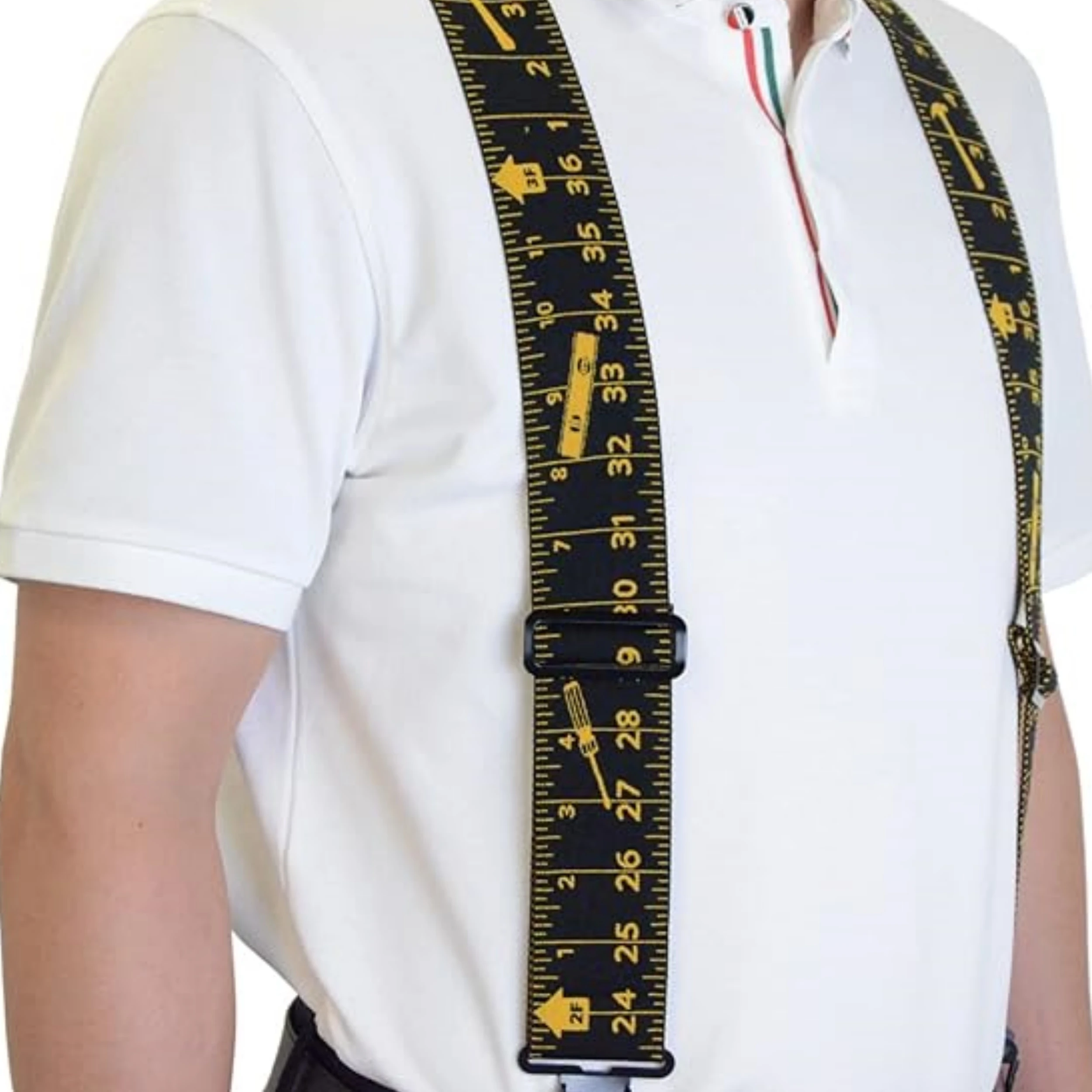 Durable Men's 2-Inch Wide X-Back Adjustable Elastic Work Suspenders with Heavy-Duty Clips and Black Tape Measure Design Braces