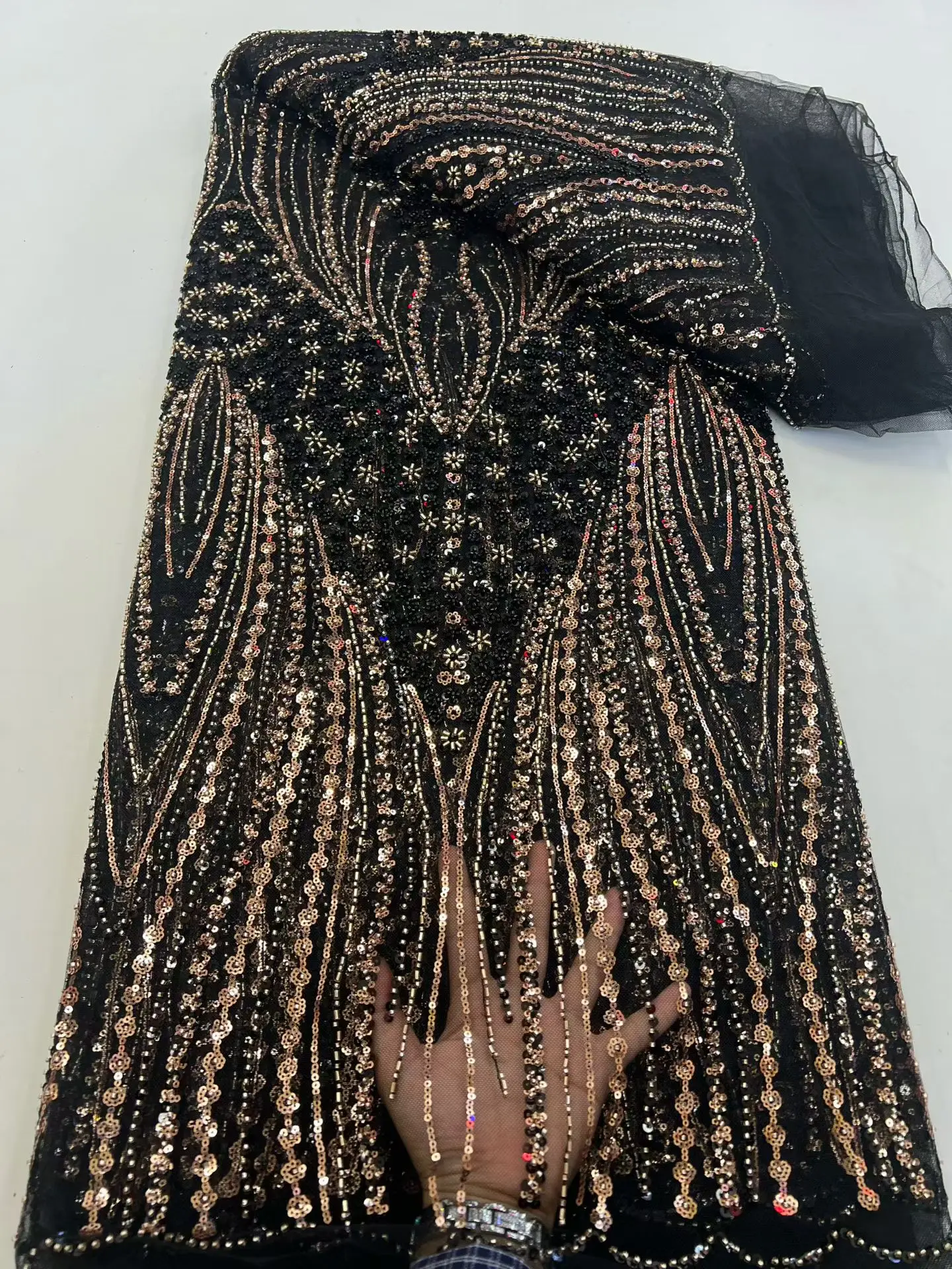 

Черное африканское кружево 2026: высококачественная ткань с пайетками и бисером для нигерийских свадеб, французский тюль, 5 ярдов, M176-1