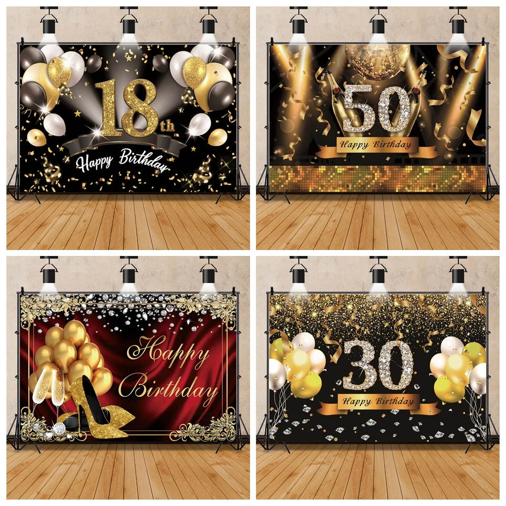 Glücklich Geburtstag Familie Party Foto Hintergrund Alter Angepasst Fotografie Hintergrund Goldene Polka Dot Poster Luftballons Decor Poster