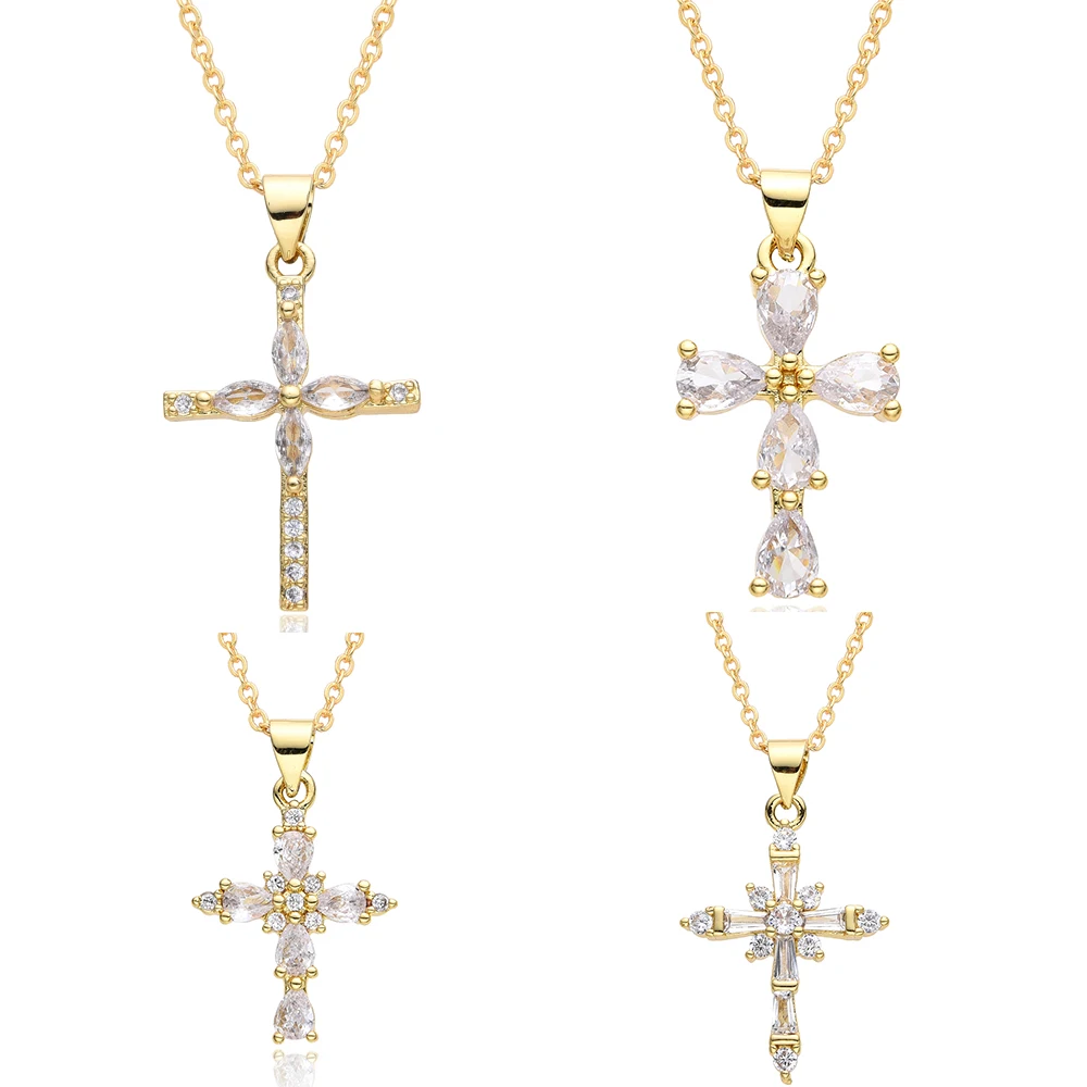 ZAKOL Fashion Shiny Crystal Zircon Cross Pendant Necklace for Women Gold Color Thin Chain Patry Jewelry Accessories