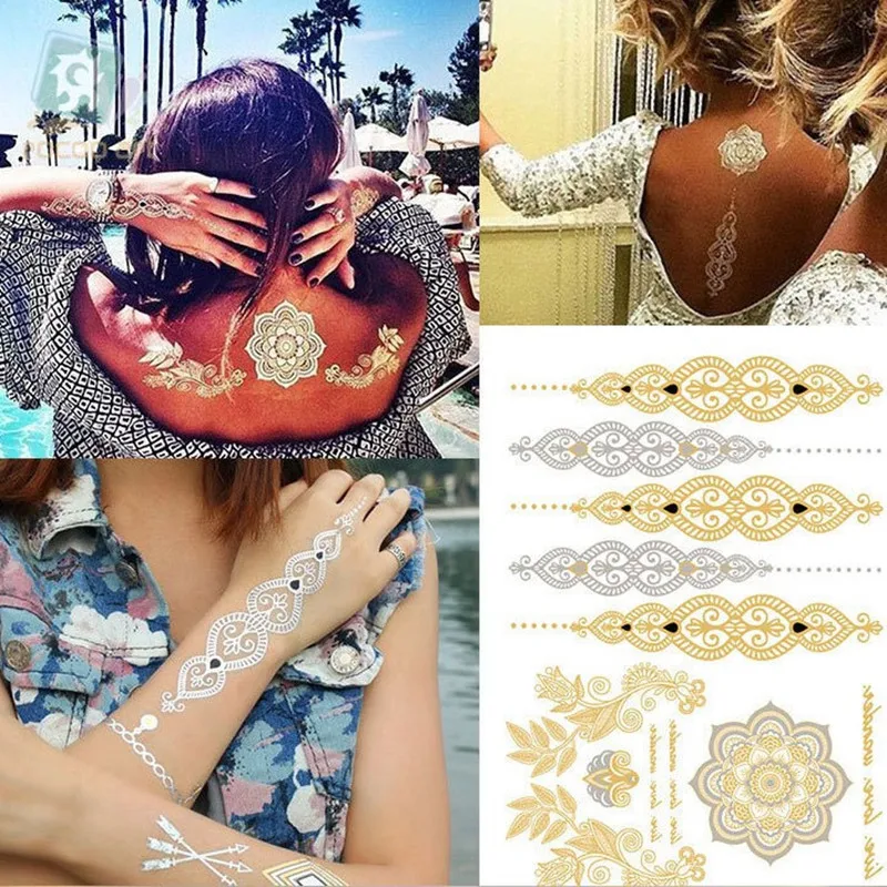 Tatuaje metálico de mariposa de oro para mujer y hombre, Tatuajes Temporales calcomanías impermeables de plata, estilo playero bohemio