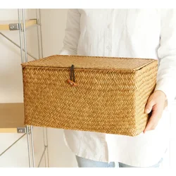 Handmade Seagrass Woven Storage Box Seaweed Storage Finishing Basket with Lid Sundry Bath Cosmetic Towel Container mx01161829