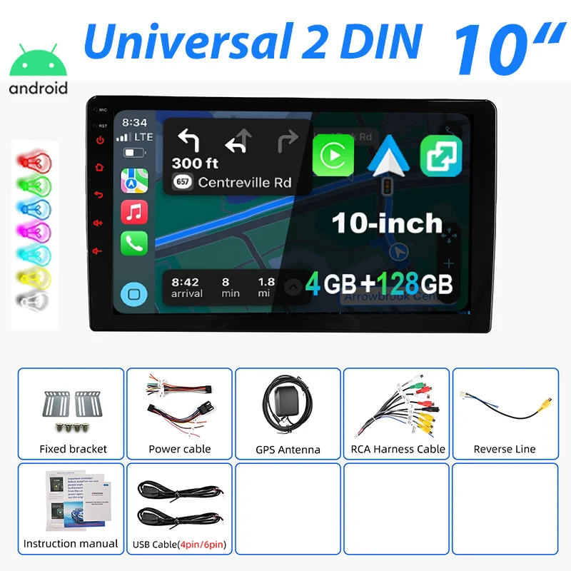 Universeel Autoradio ESSGOO Android 15 7"/9"/10" 4+128 GB 2 DIN Draadloze CarPlay Android Auto GPS Navigatie RDS FM Bluetooth 7 Kleuren ASP-scherm Mirror Link Aanraakscherm Stuurwielbediening