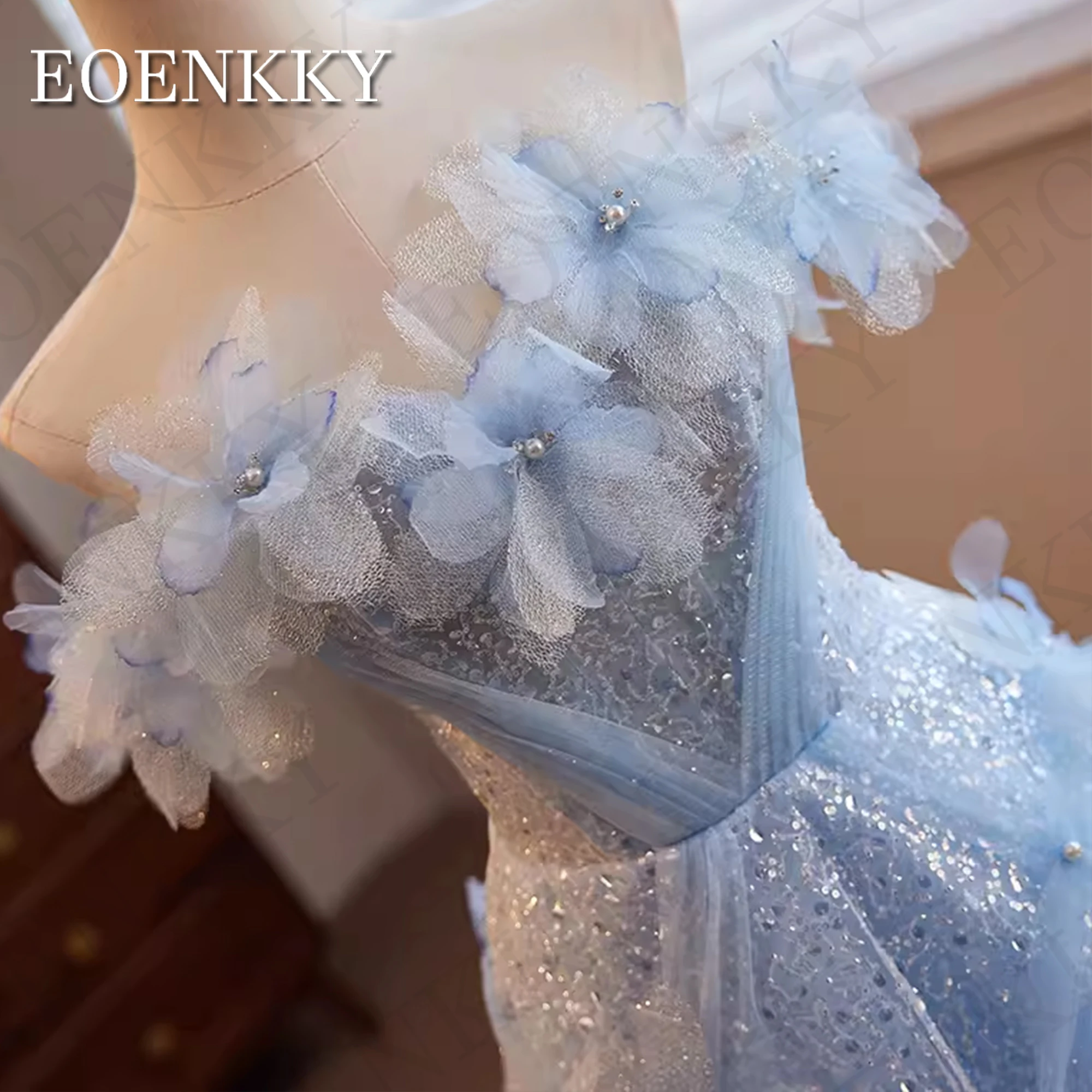 Robe de Rhperlée de luxe, robes de soirée, longueur au sol, bleu, fleurs 3D, hors initié, paillettes, ligne A, fête d'anniversaire, 2024 Robe de bal de luxe en perles 2024 Bleu 3D fleurs hors des épaules paillettes a -