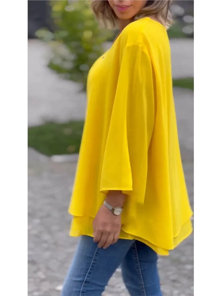 Autumn Casual Oversize Chiffon Women Tops Fashion Solid Color V-neck Zippers Three-quarter Sleeves Top Elegant Ladies Clothes