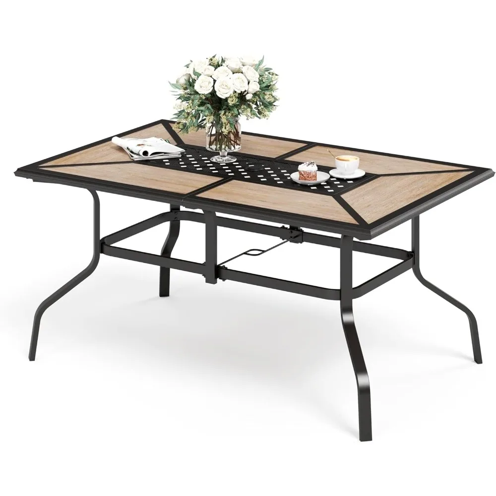 

61-удобный обеденный стол для патио на 6 человек, прямоугольный стол для патио цвета тикового цвета с отверстием для зонта, электронным покрытием и порошковым покрытием, стальной каркас, металлический O