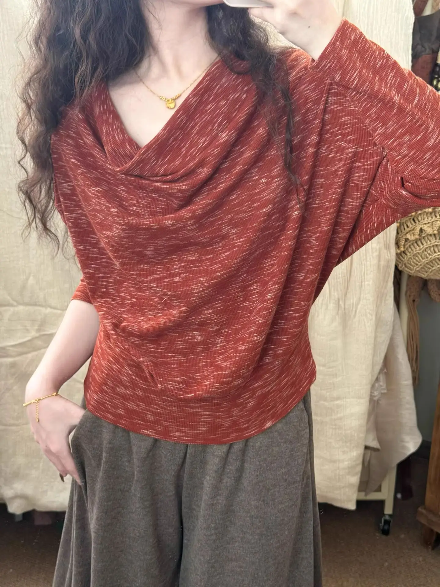 

Женская весенне-осенняя футболка, однотонная повседневная футболка с рукавами «летучая мышь», свободная футболка с v-образным вырезом, топ