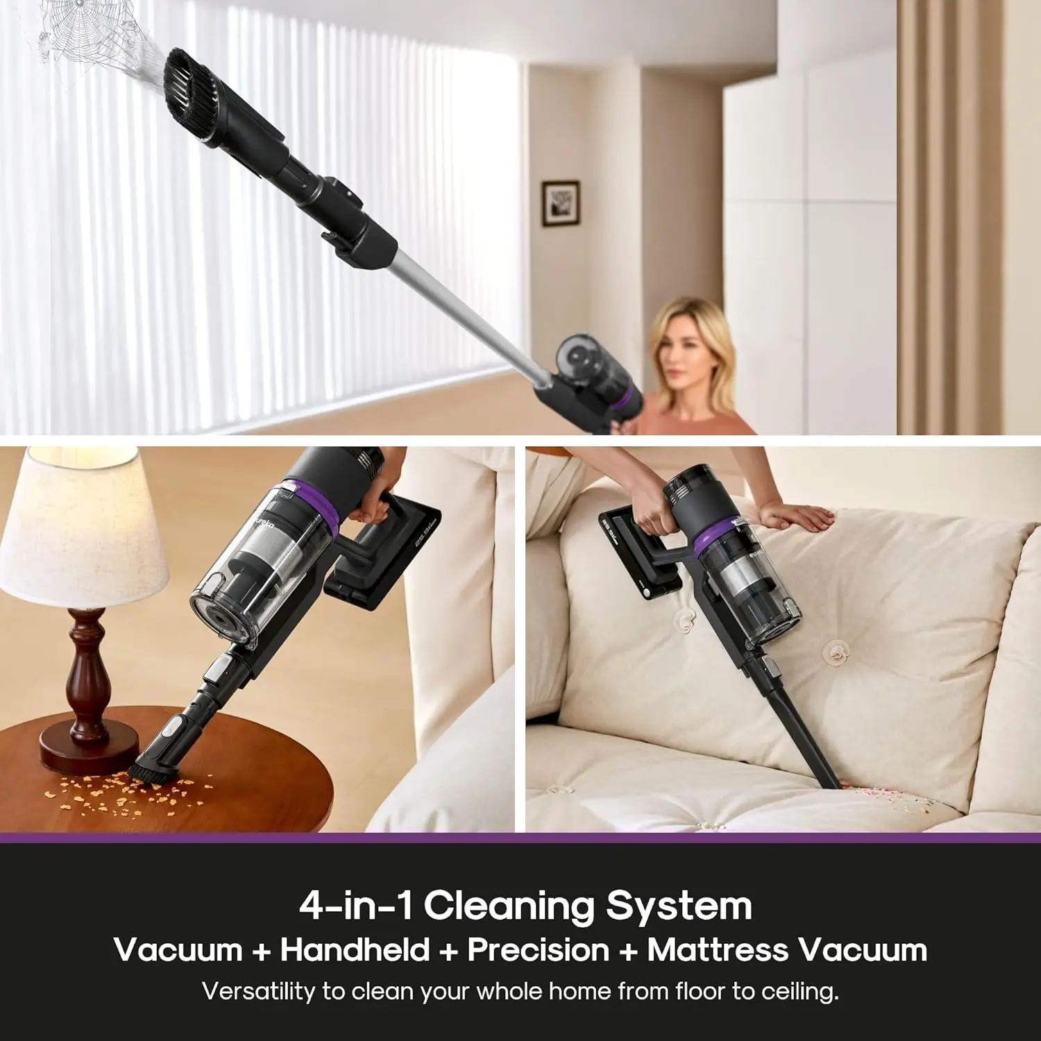 Draadloze stofzuiger Lichtgewicht, Stick Vacuum Oplaadbaar voor hardhout, dierenharen, zwart, ReactiClean 410