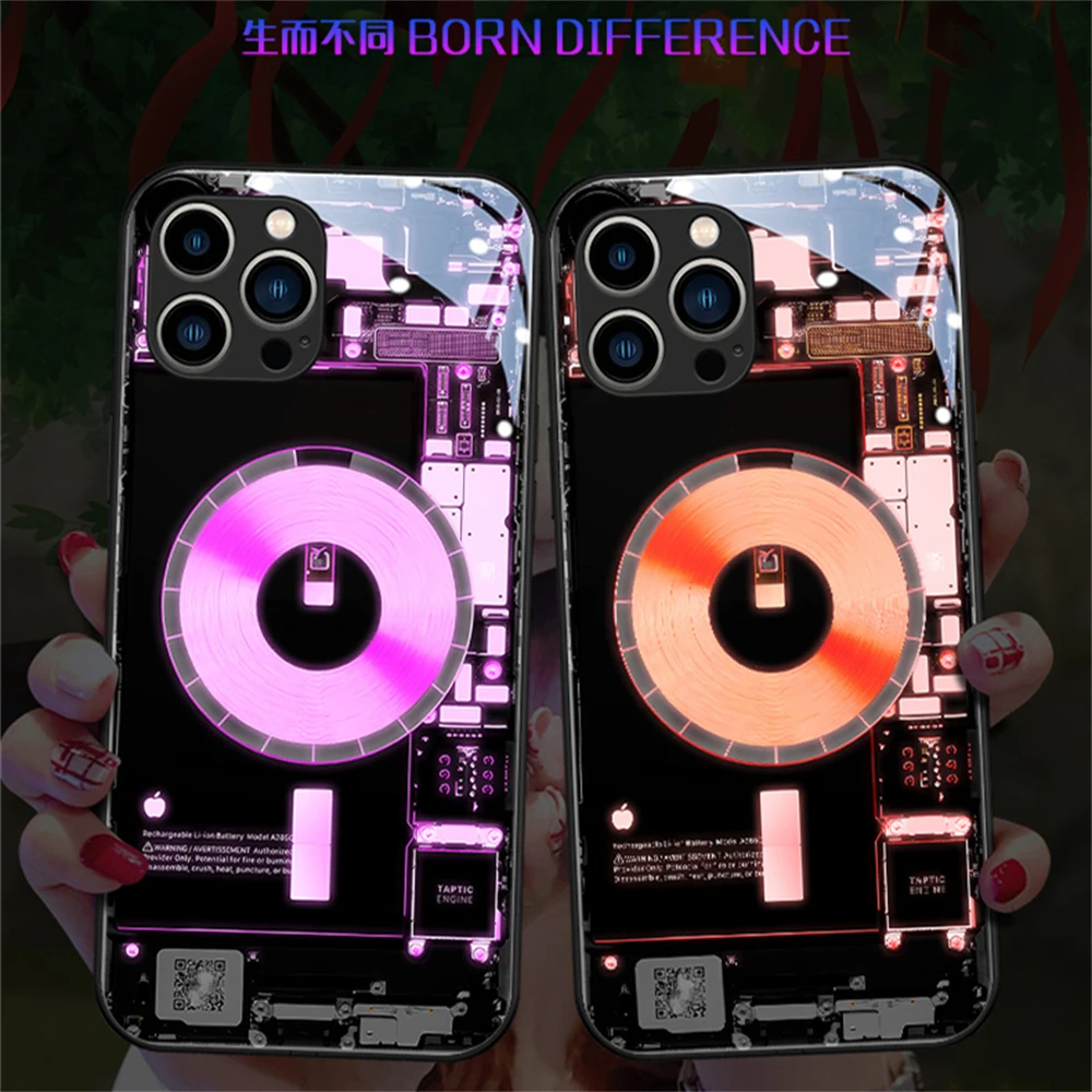 Circuit Board Internal File Design Sound Control LED Flash Cases For iPhone 16 15 14 13 12 11 Pro Max XR XS Plus SE With Gift