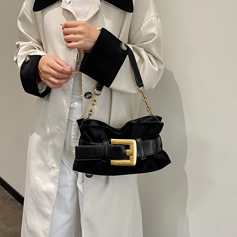 Trendy Buckle Chain One Shoulder Bag Women's Fashion Temperament Commute All-Match Underarm Bags Daily Versatile Vintage Handbag