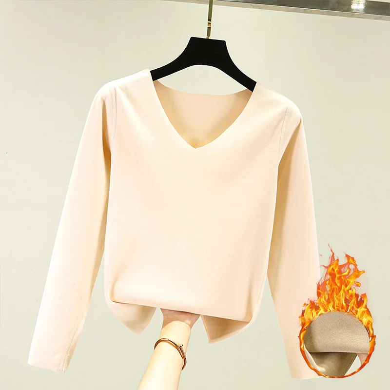 Thickened Fleece V-Neck Thermal Underwear Top for Women Autumn Winter Base Layer Long Sleeve Loose Fit Regular Length T-Shirt