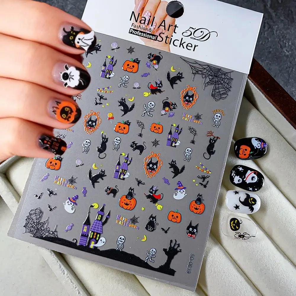 1Pc 5D Halloween Schwarze Katze Geist Kürbis Nagel Aufkleber Cartoon Spinne Skelett Geprägte Nagel Aufkleber Klebstoff Halloween Dekoration