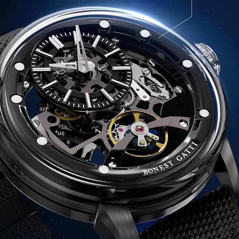 

BONEST GATTI Men Automatic Watch 44mm Mechanical Wristwatch Luminous Sapphire Mirror Skeleton Dial Quick Release Strap